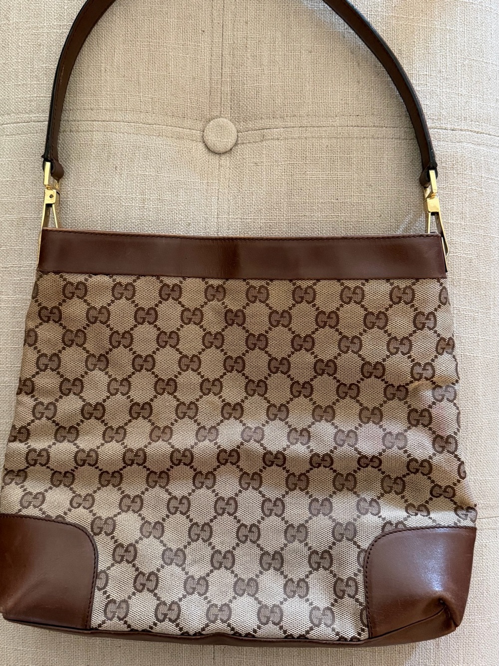 Gucci Beige and Brown GG Canvas Shoulder Bag with Leather Trim